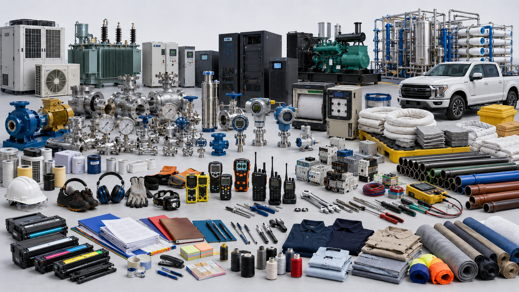 Broad B2B sourcing showcase including industrial equipment, technical products, commercial supplies, safety gear, office materials, textiles, vehicles, and project materials