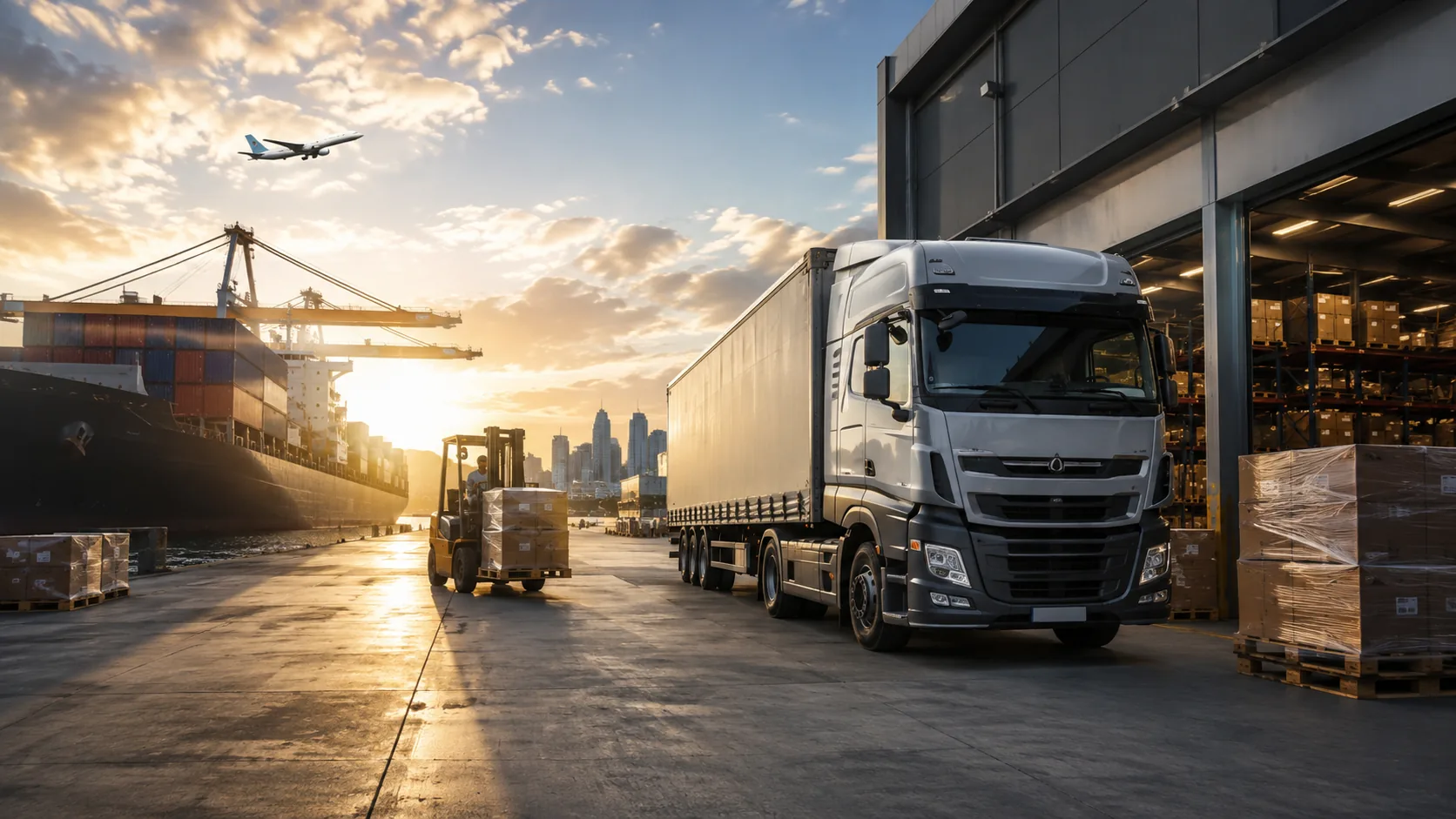 International logistics truck, warehouse and port scene