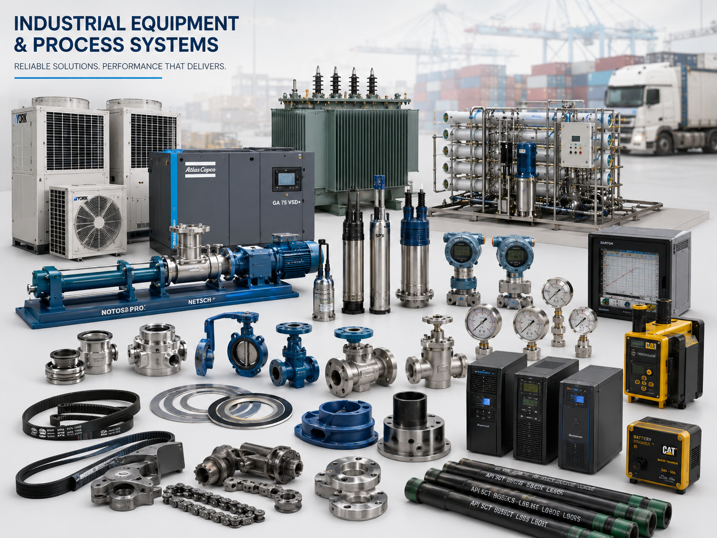Industrial equipment and process systems including pumps, compressors, RO systems, transformers, instrumentation, UPS units, and industrial components