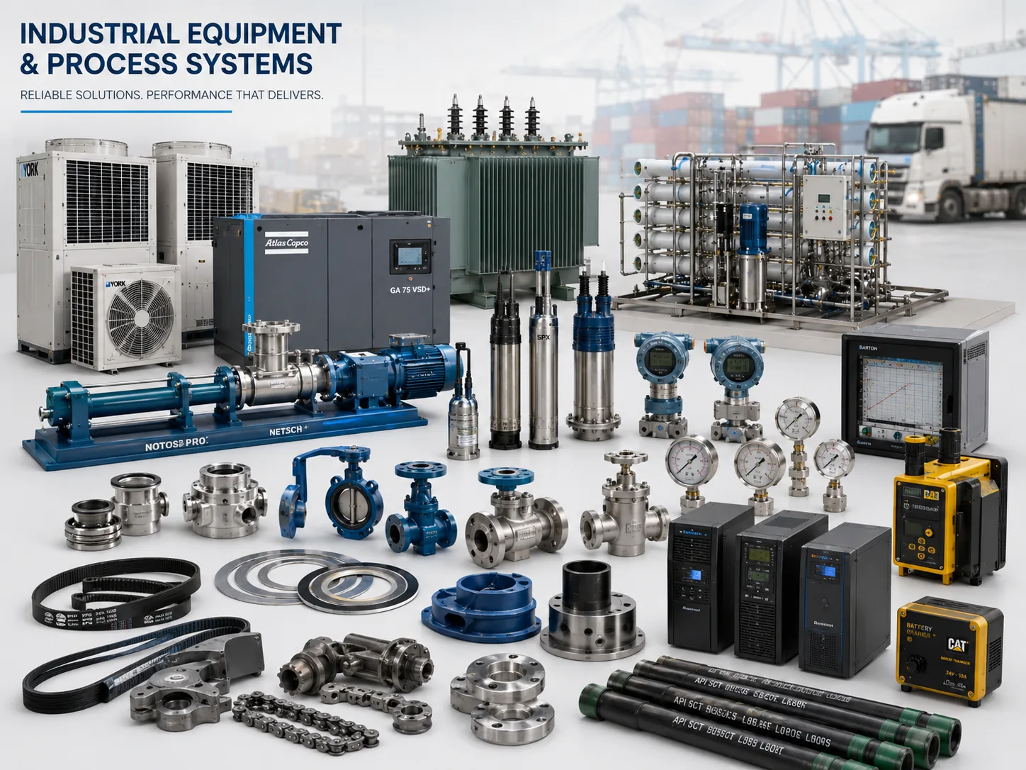 Industrial equipment and process systems including pumps, compressors, RO systems, transformers, instrumentation, UPS units, and industrial components