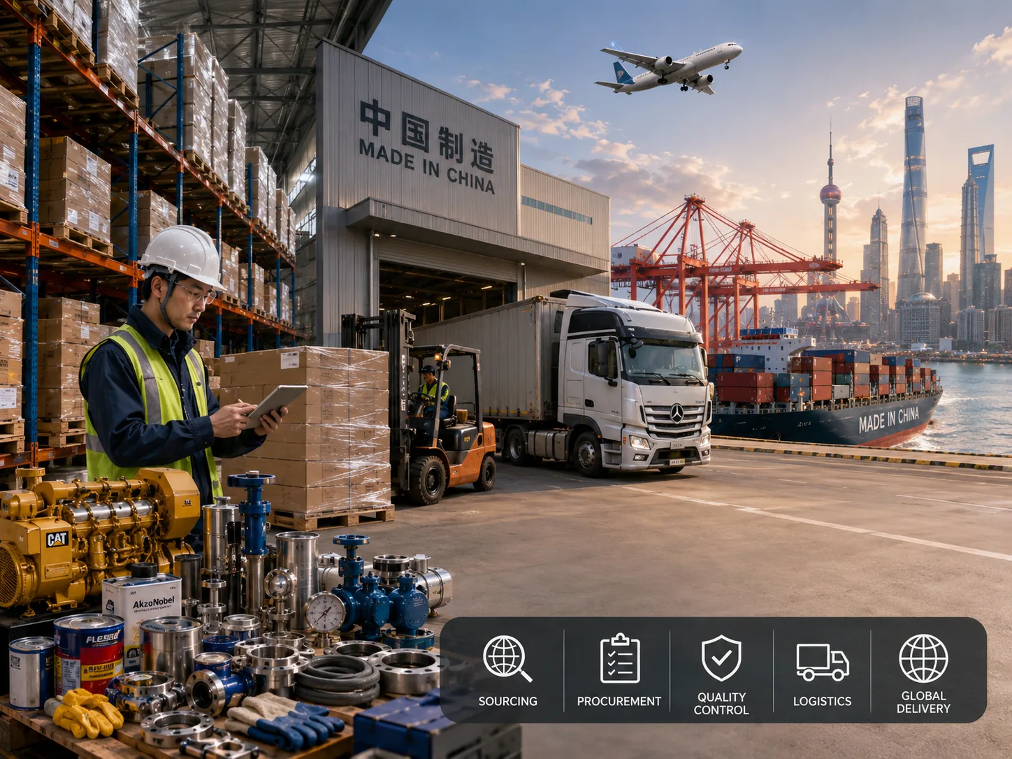 China warehouse, truck, port operations, container ship, and logistics coordination visual