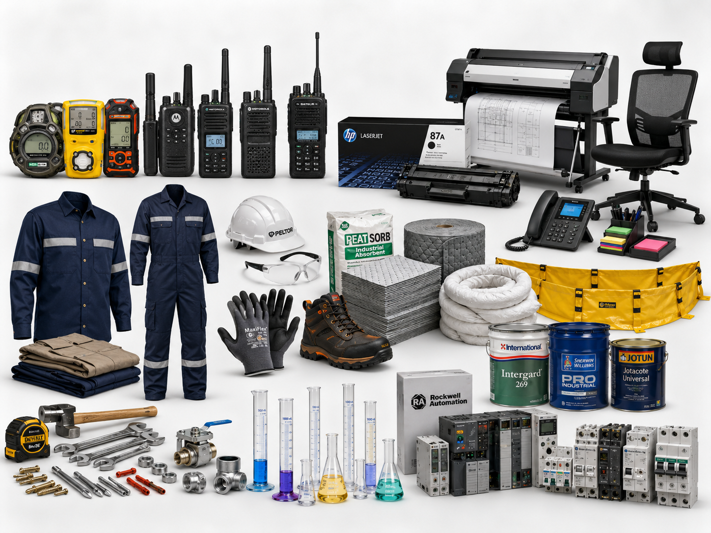 Industrial supplies, safety gear, absorbent materials, office equipment, radios, gas detectors, textiles, paint, labware, and automation products