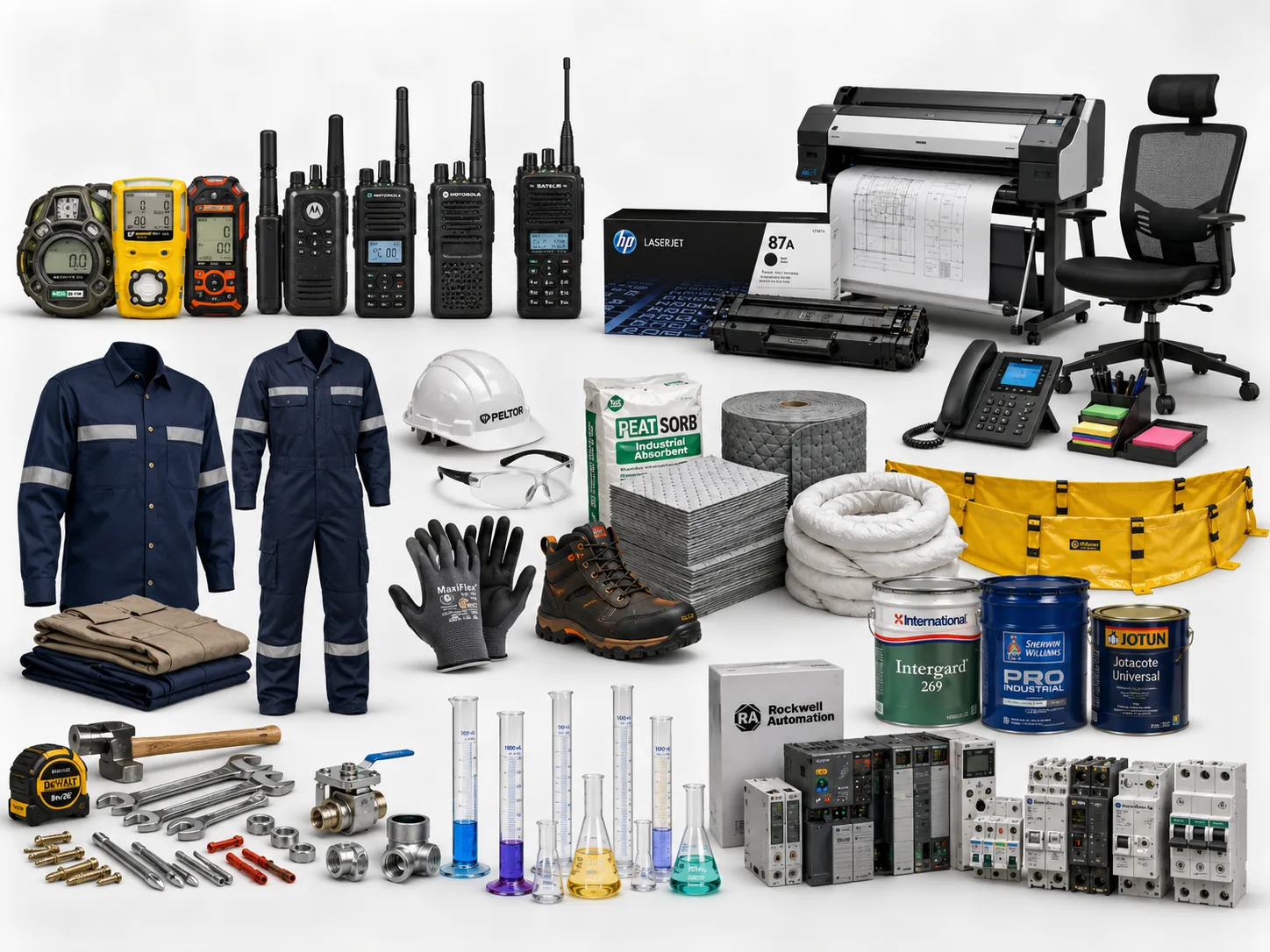 Industrial supplies, safety gear, absorbent materials, office equipment, radios, gas detectors, textiles, paint, labware, and automation products